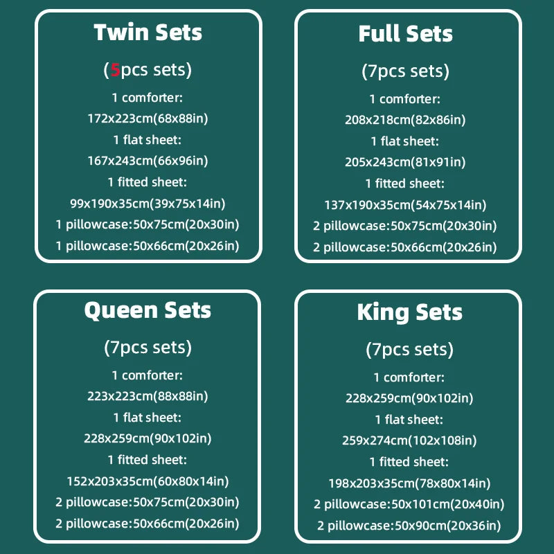 S And B Enterprise bedding sets: Twin 5pc, Full 7pc, Queen 7pc, King 7pc with comforter and sheets, pillowcases.
