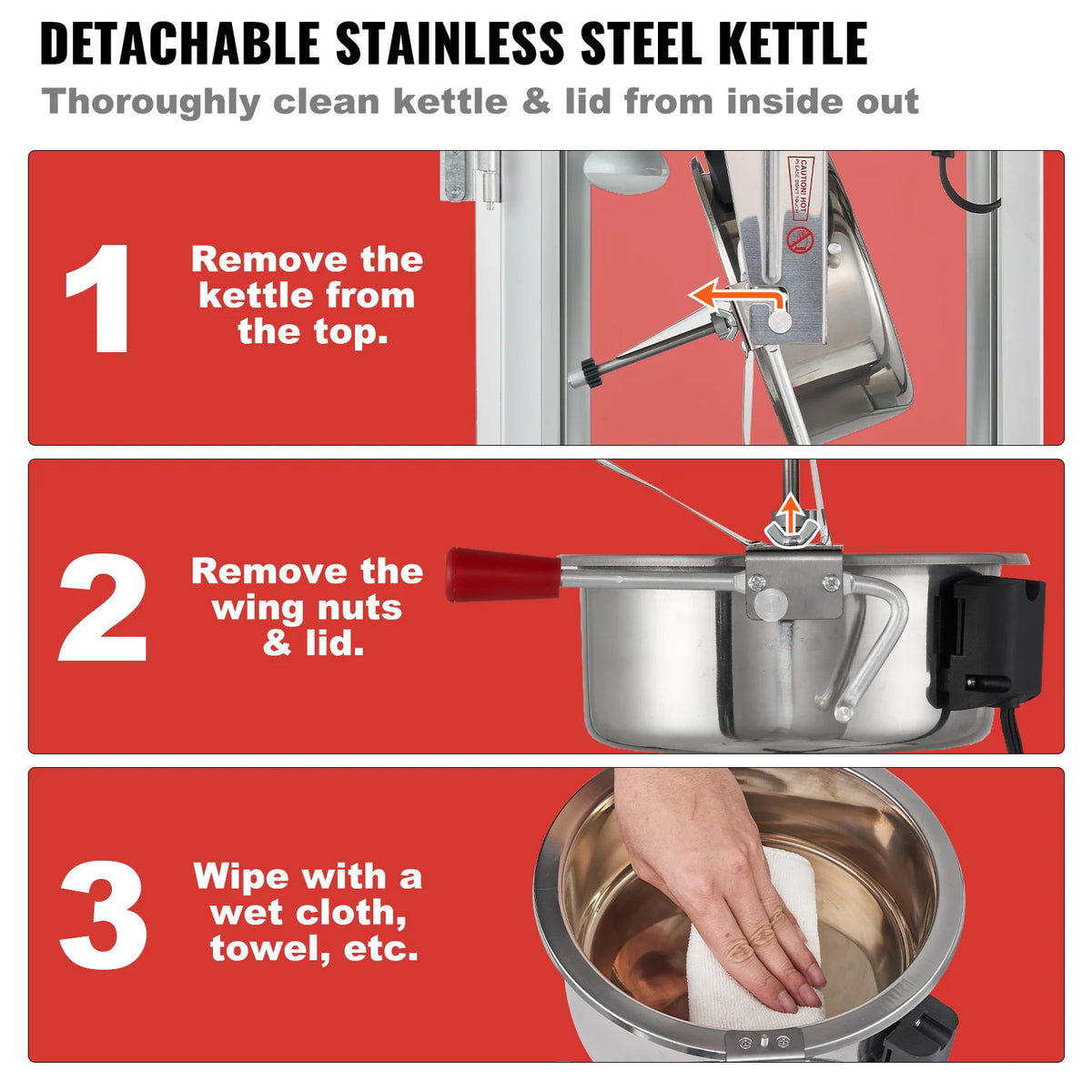 Stainless steel kettle cleaning infographic with step-by-step instructions to detach kettle and lid on red panels.