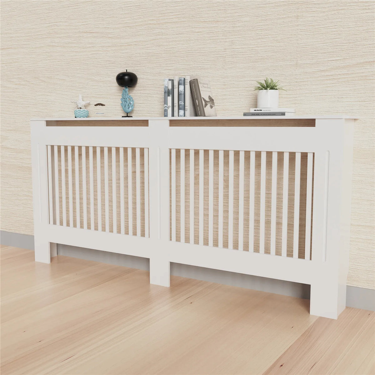 36.2-inch tall white MDF radiator cover, two-section with horizontal slatted panels and natural wood top shelf