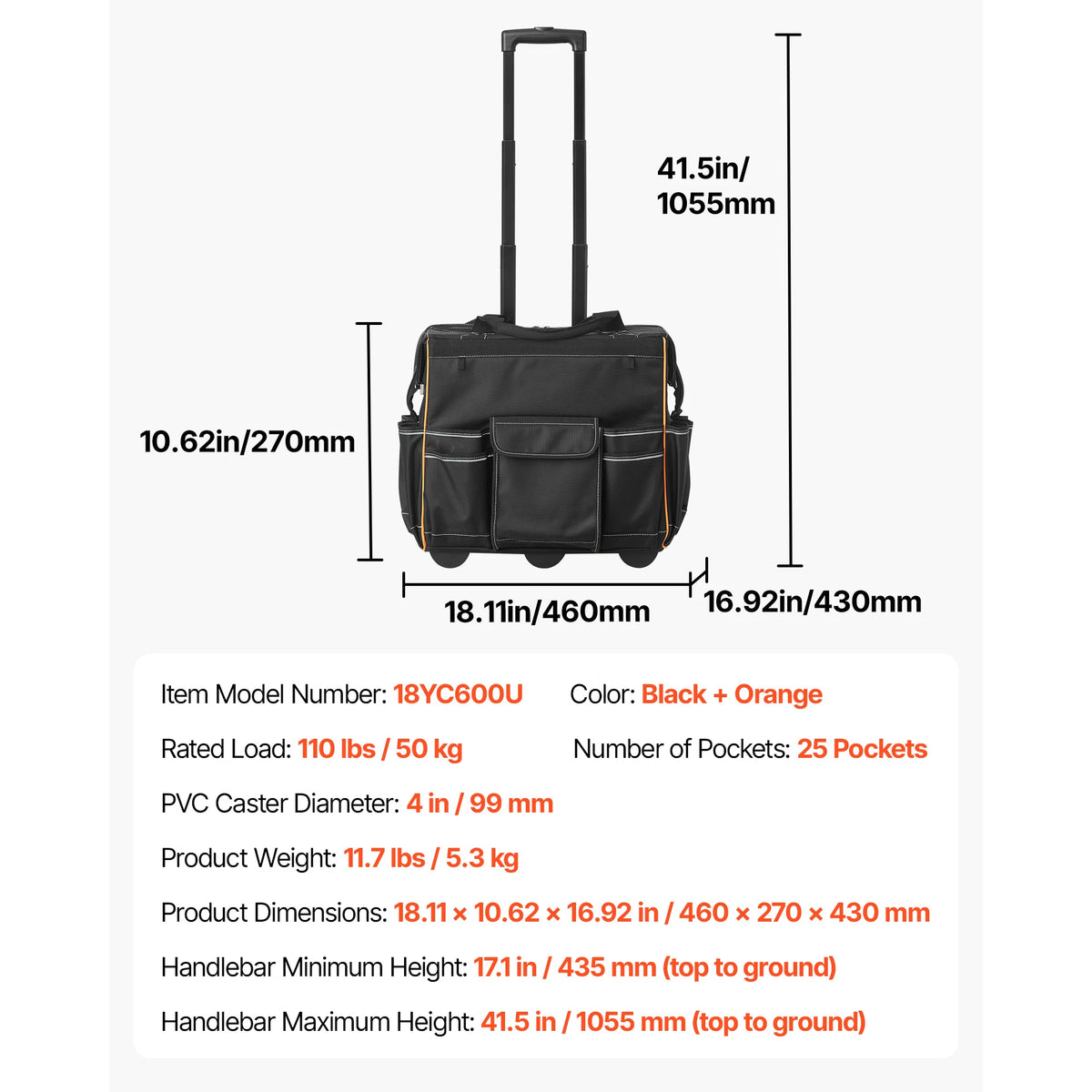 SucceBuy rolling tool bag on wheels with telescoping handle, 110 lb capacity, black with orange trim, 25 pockets