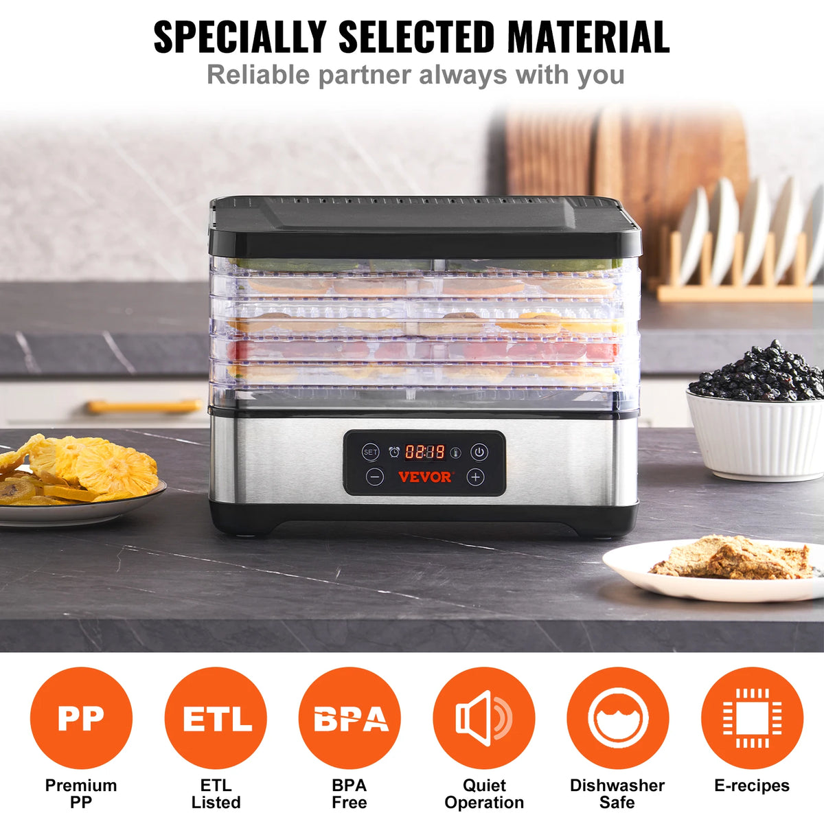 5-tray stainless steel food dehydrator by VEVOR with clear stacked trays and digital timer
