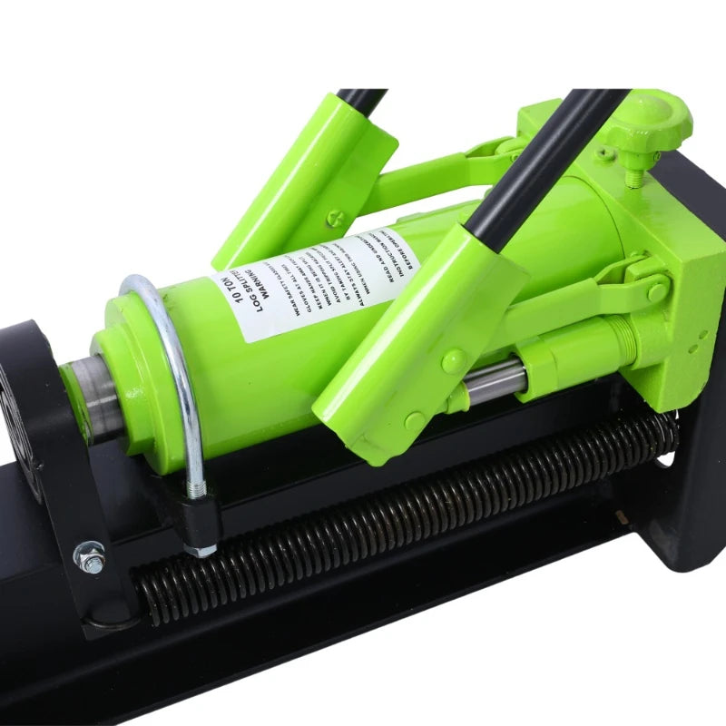 Horizontal hydraulic log splitter in lime green by S And B Enterprise; customized 10-ton, manual operation