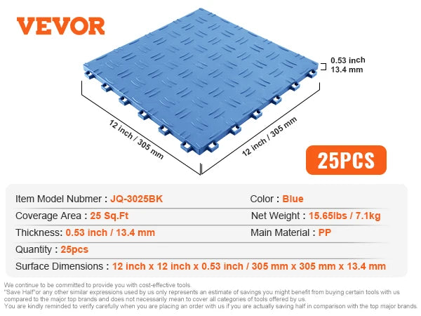 Garage floor tiles, blue interlocking, 12x12 in, 0.53 in thick, 25 pcs, non-slip double-sided texture, PP, VEVOR