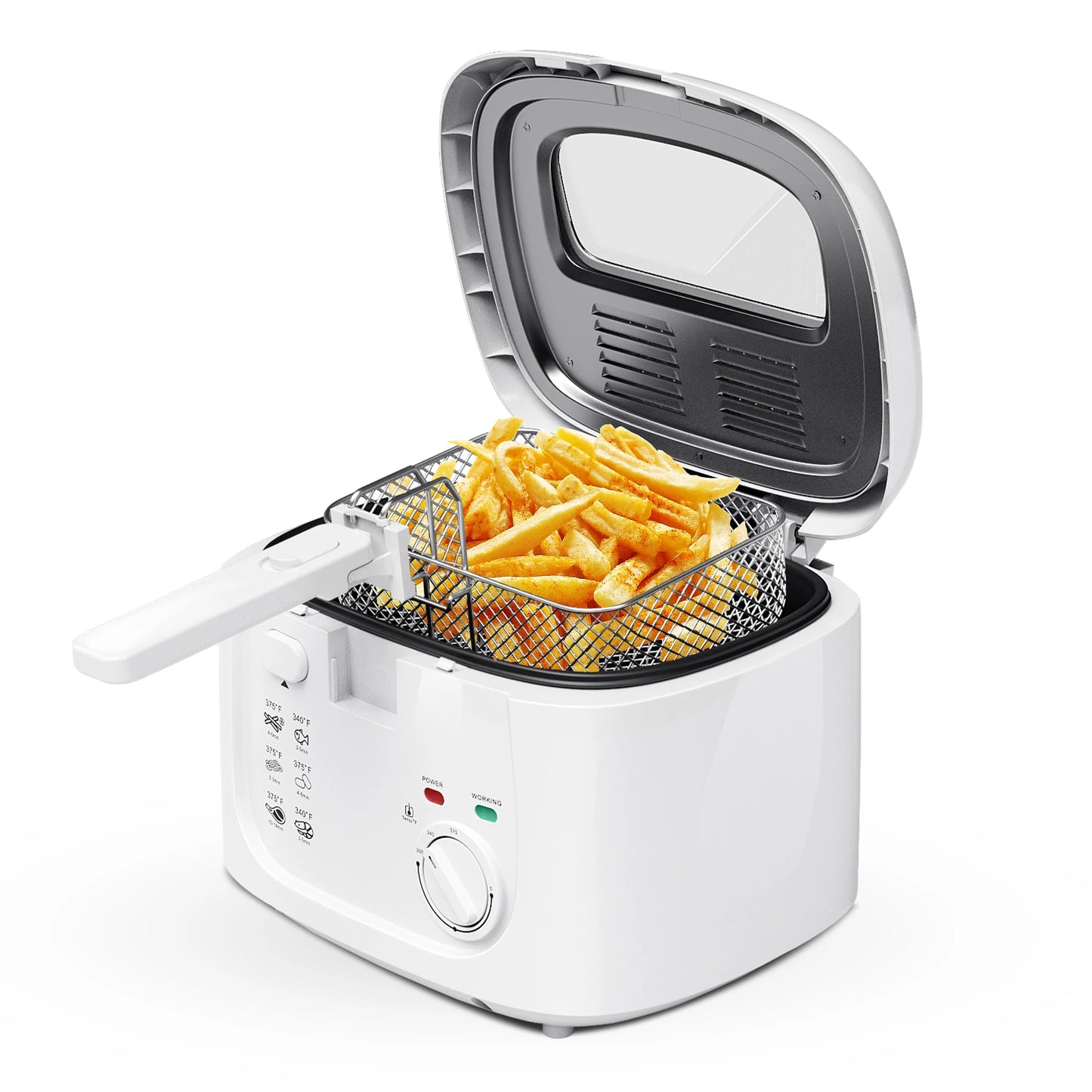 White 1600W electric deep fryer with viewing window, removable lid and non-stick basket; fries in basket