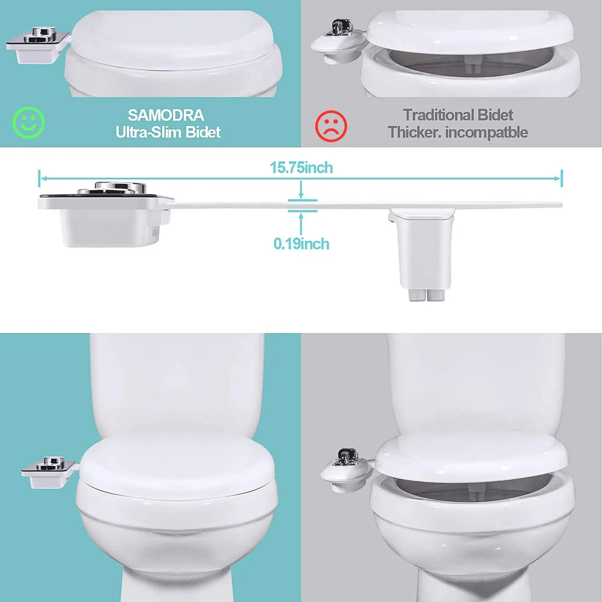 SAMODRA Ultra-Slim Bidet Attachment for toilets, white, non-electric cold-water with pressure controls.