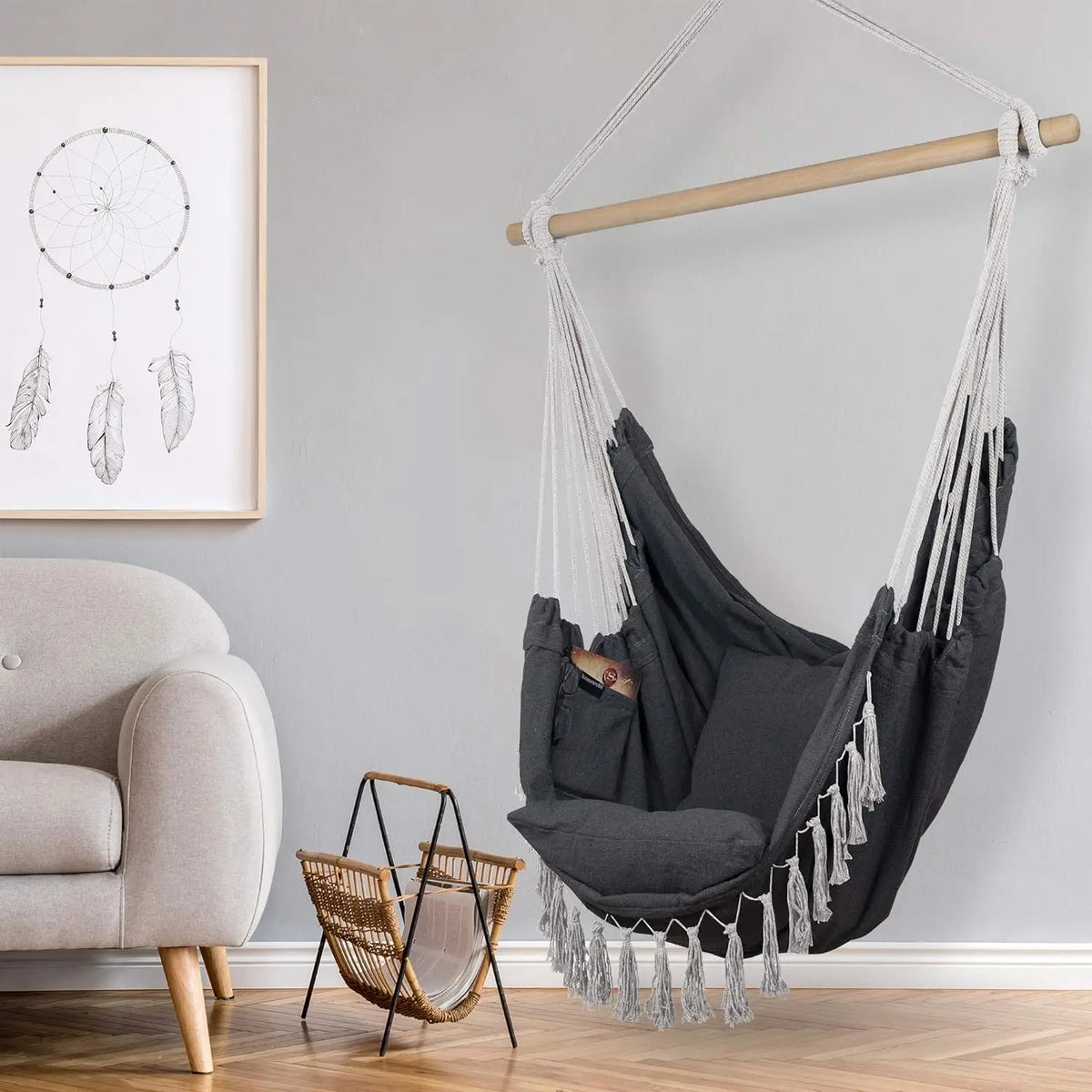 Macrame hanging chair with 2 pillows, white cotton rope and dark gray fabric, 500lb capacity, indoor/outdoor