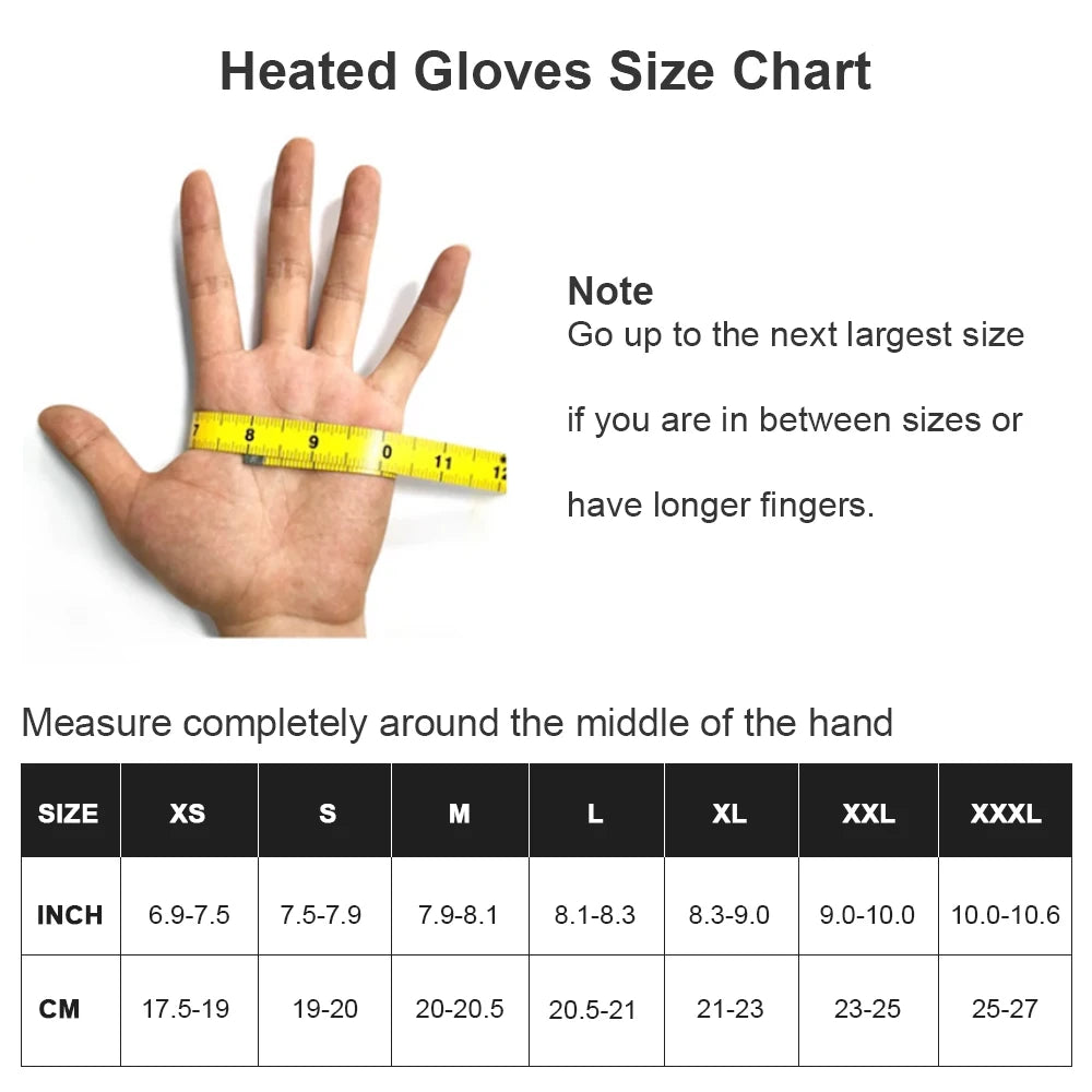 Heated gloves size chart showing a hand with measuring tape and XS–XXXL sizing table