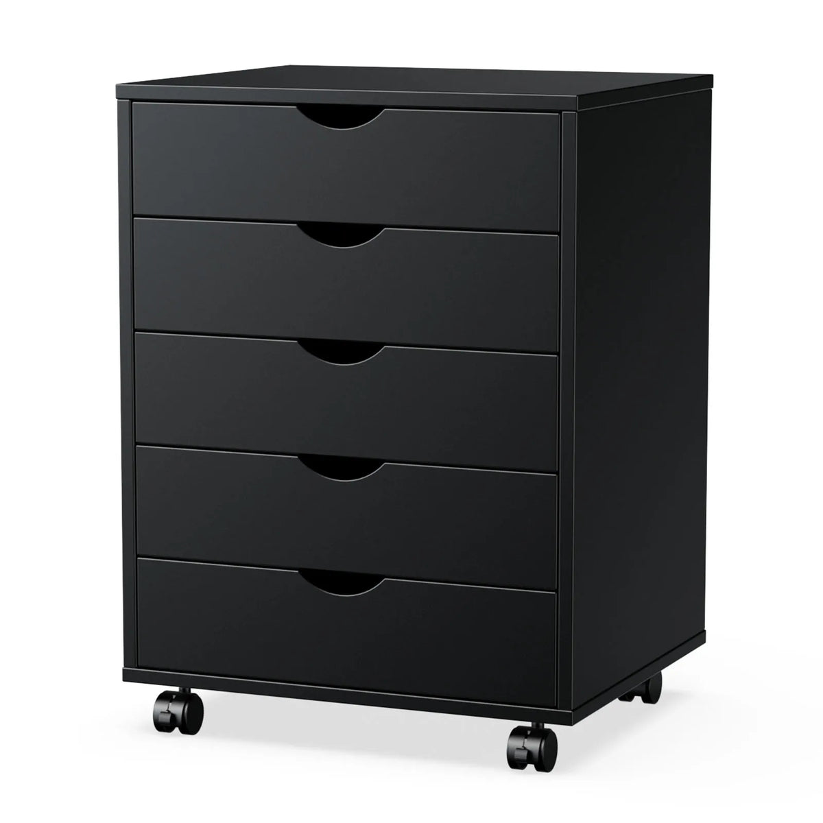 JHK wood nightstand with 5 drawers on caster wheels, black finish
