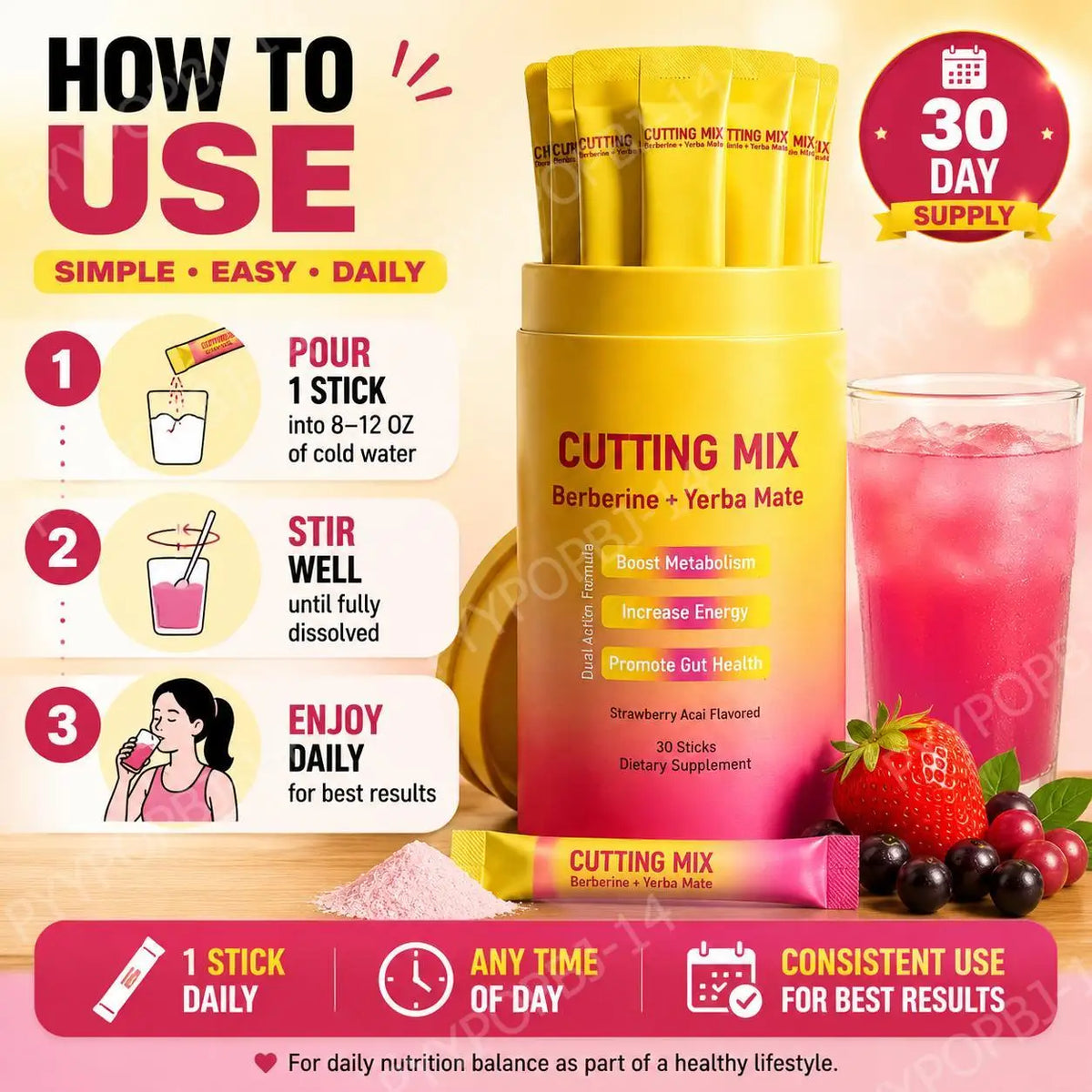 Cutting Mix Berberine + Yerba Mate drink mix, 30 sticks, strawberry acai flavor in a yellow canister.