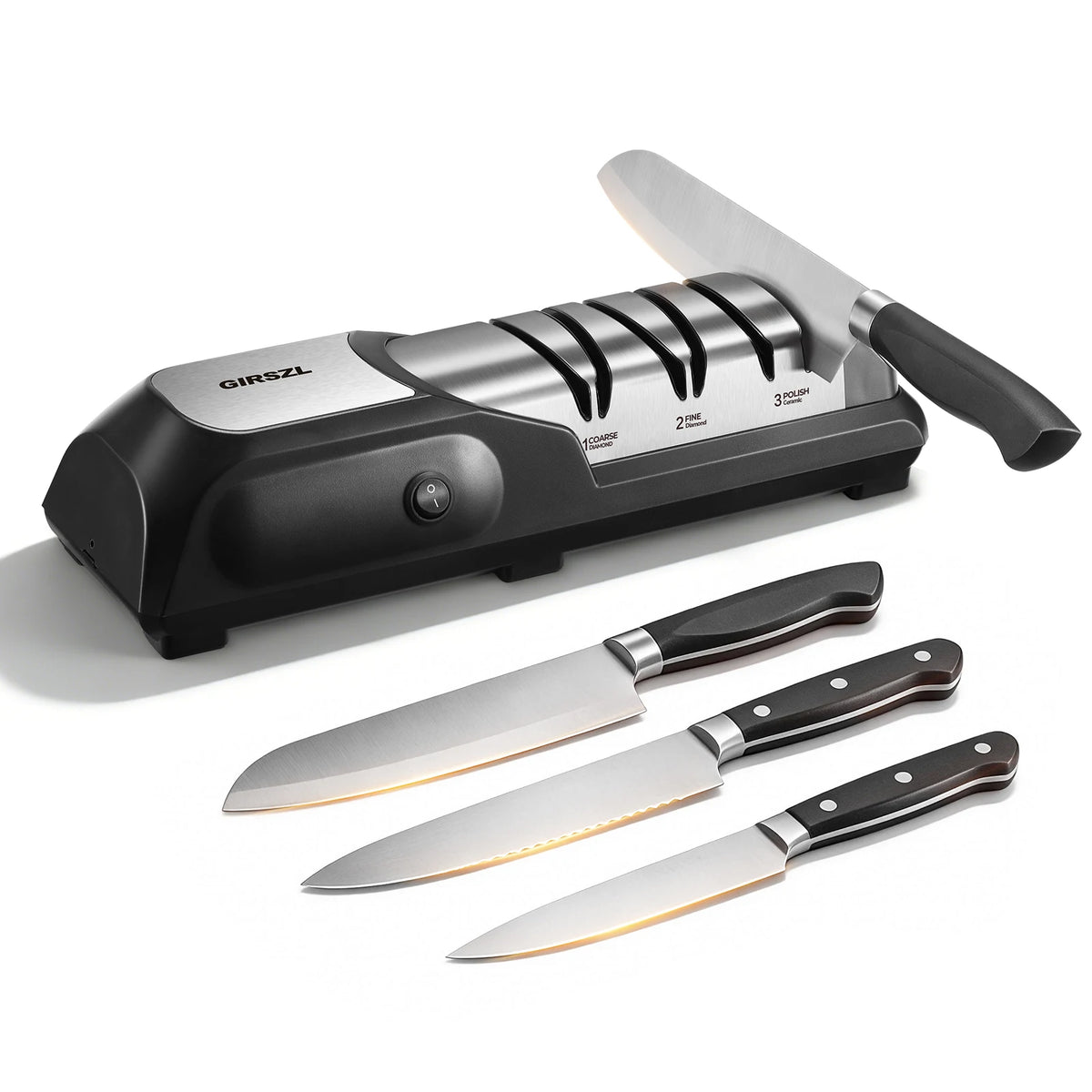 One Touch Electric Knife Sharpener by GIRSZL; 3-stage diamond/ceramic sharpening on a black base