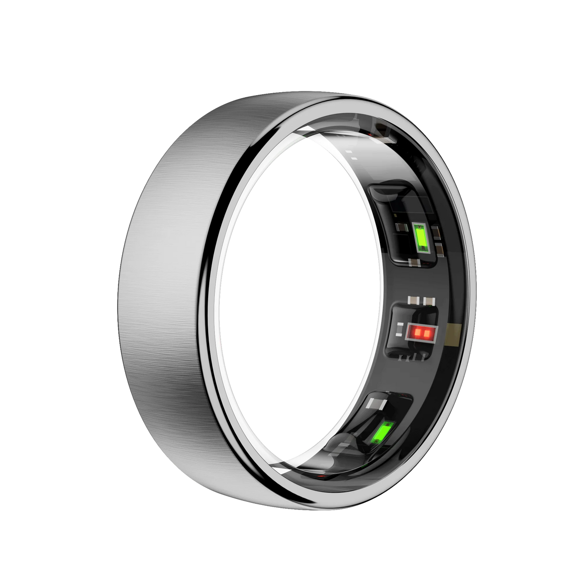 R10 waterproof smart ring by S And B Enterprise; brushed metal band with inner black display housing.