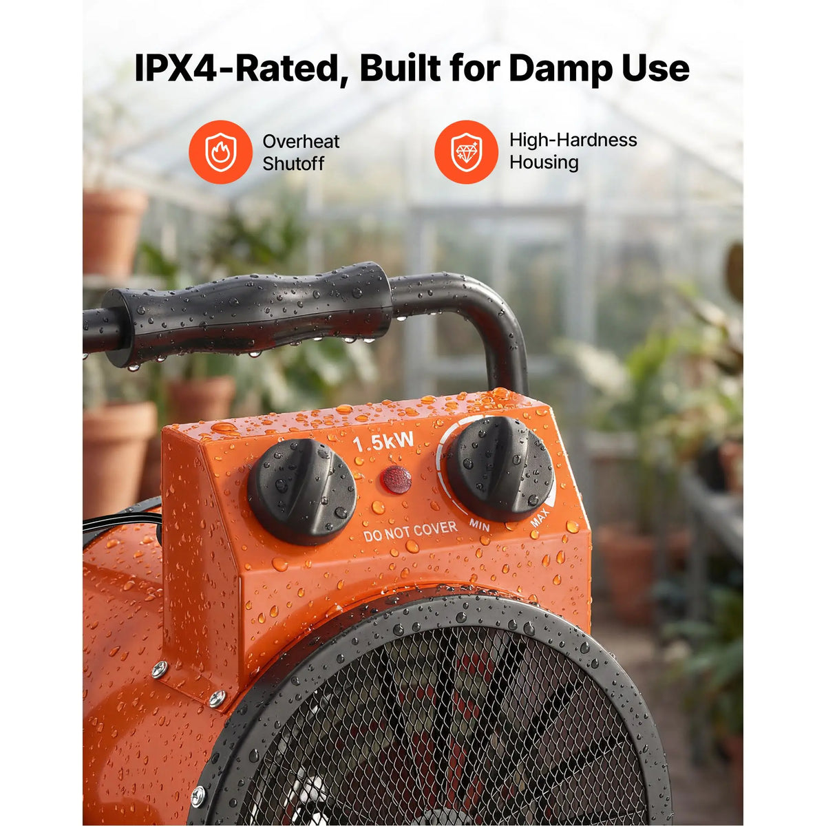 Orange greenhouse heater with black knob controls and metal mesh guard, 1500W electric space heater