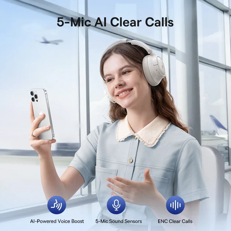 Baseus Bass wireless over-ear headphones in white with 5-mic AI clear calls