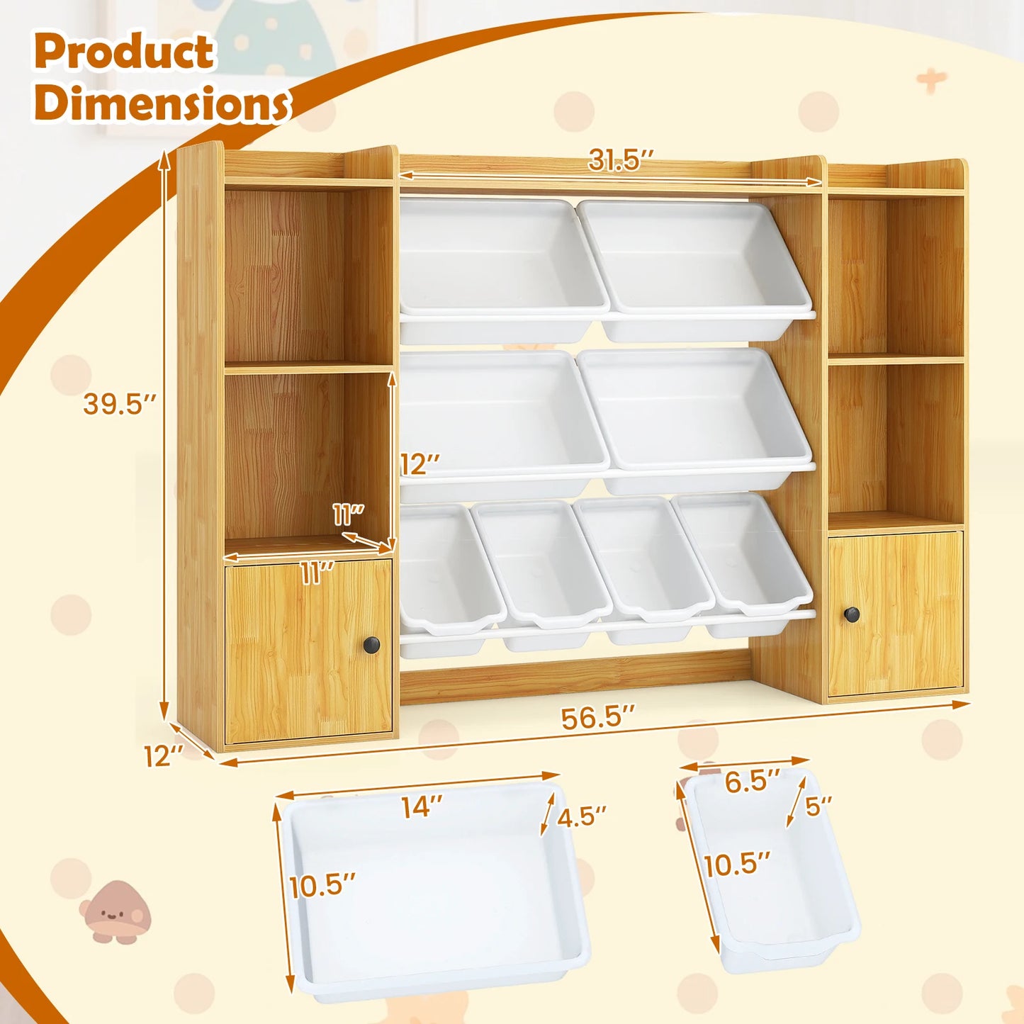 Kids toy storage bookshelf in natural wood with 8 white bins and 2 single-door cabinets