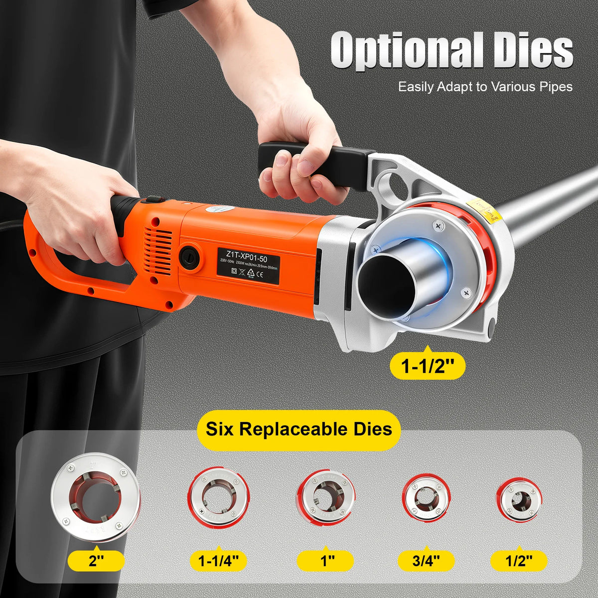 2300W pipe threading machine, orange electric threader with six replaceable dies for 1/2–2 in galvanized pipe