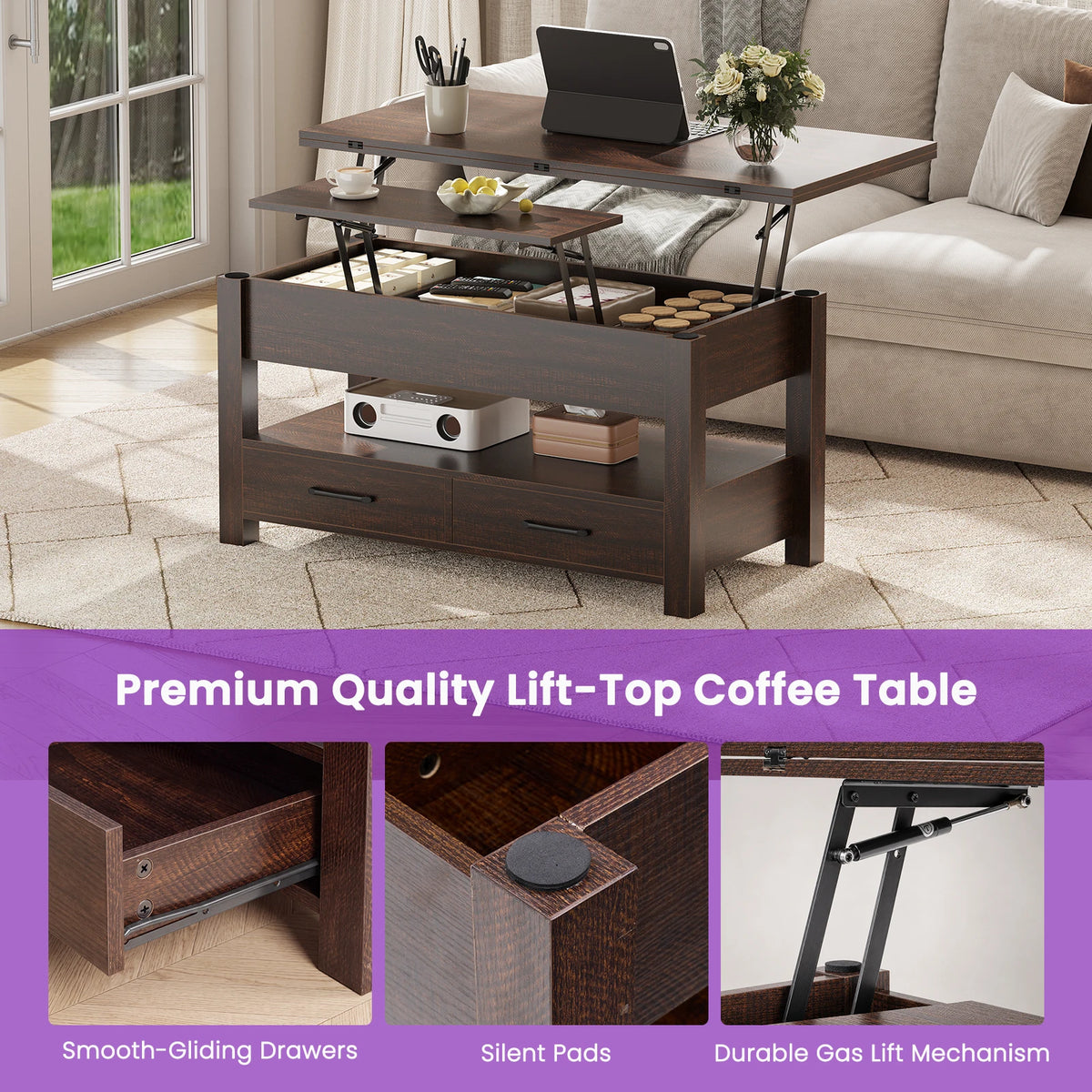 JHK lift-top coffee table in dark wood with double drawers and hidden storage, 39.4-inch square table.