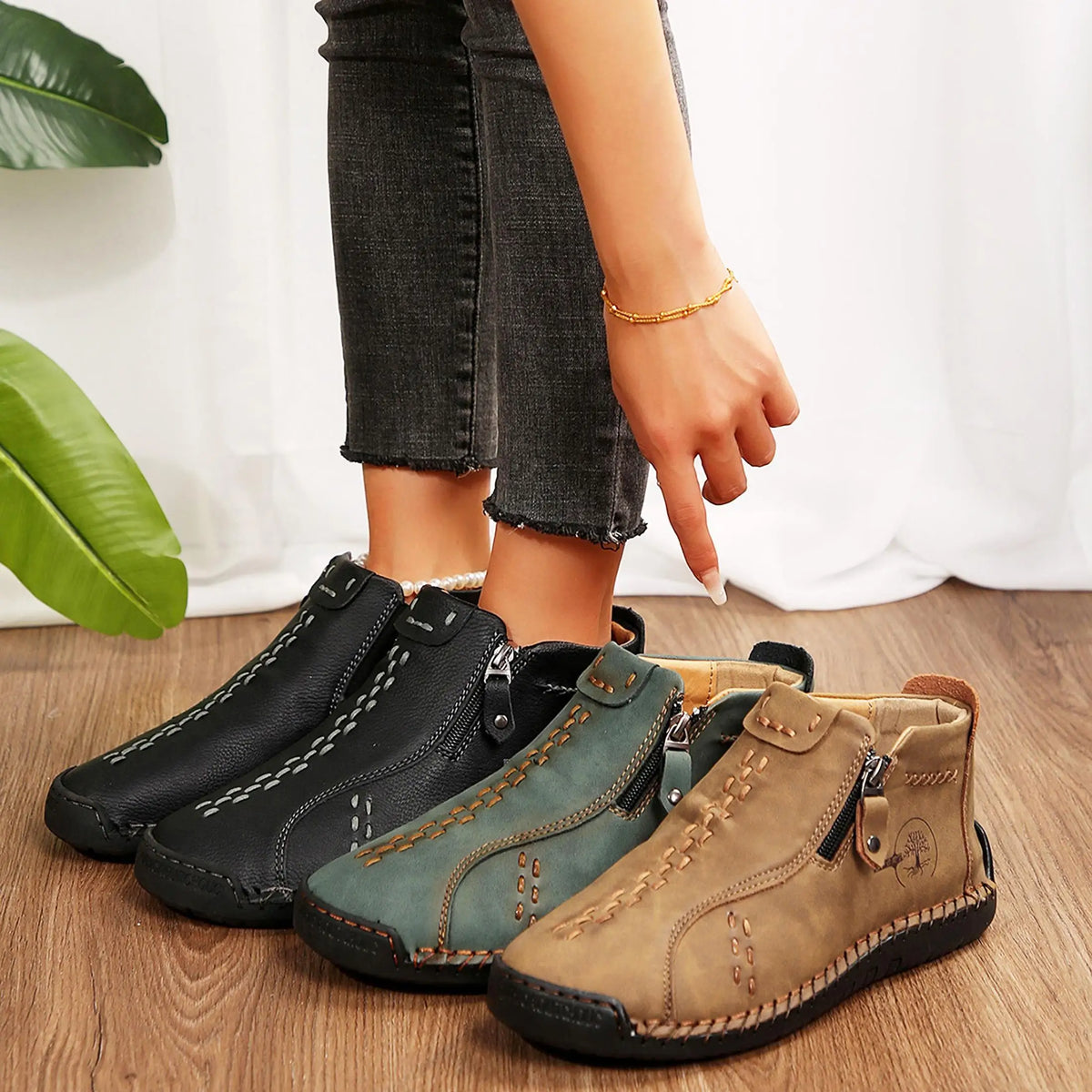 Womens slip-on loafers; black, teal and tan leather-look uppers with contrast stitching