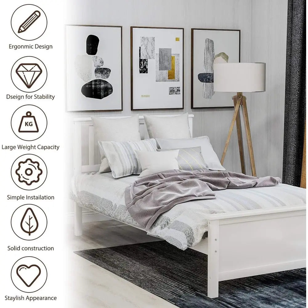 Twin white wood platform bed frame with headboard and footboard, wood slat support, no box spring needed