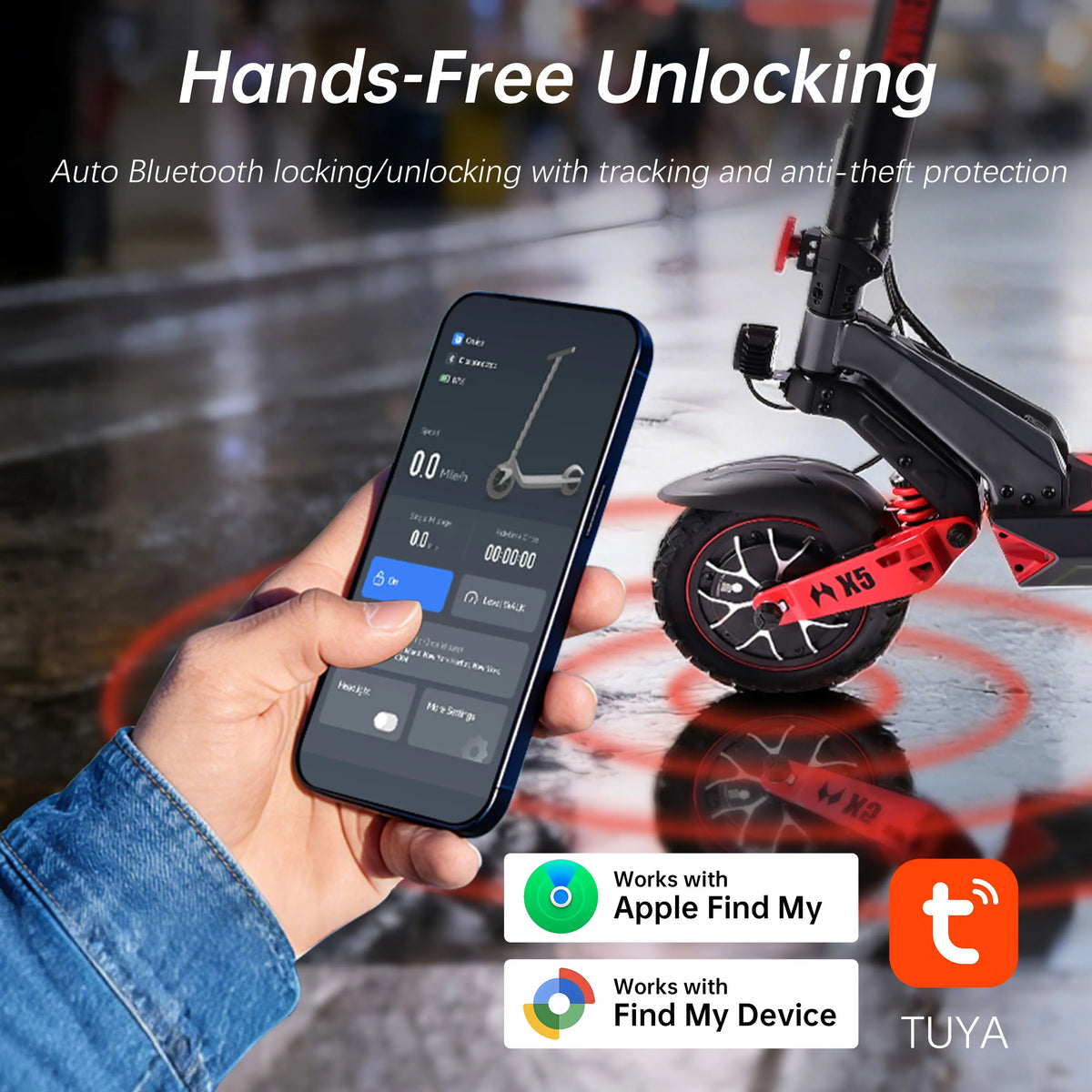 ZWHEEL D3 electric scooter with red frame and 10-inch off-road tires; app-controlled via smartphone