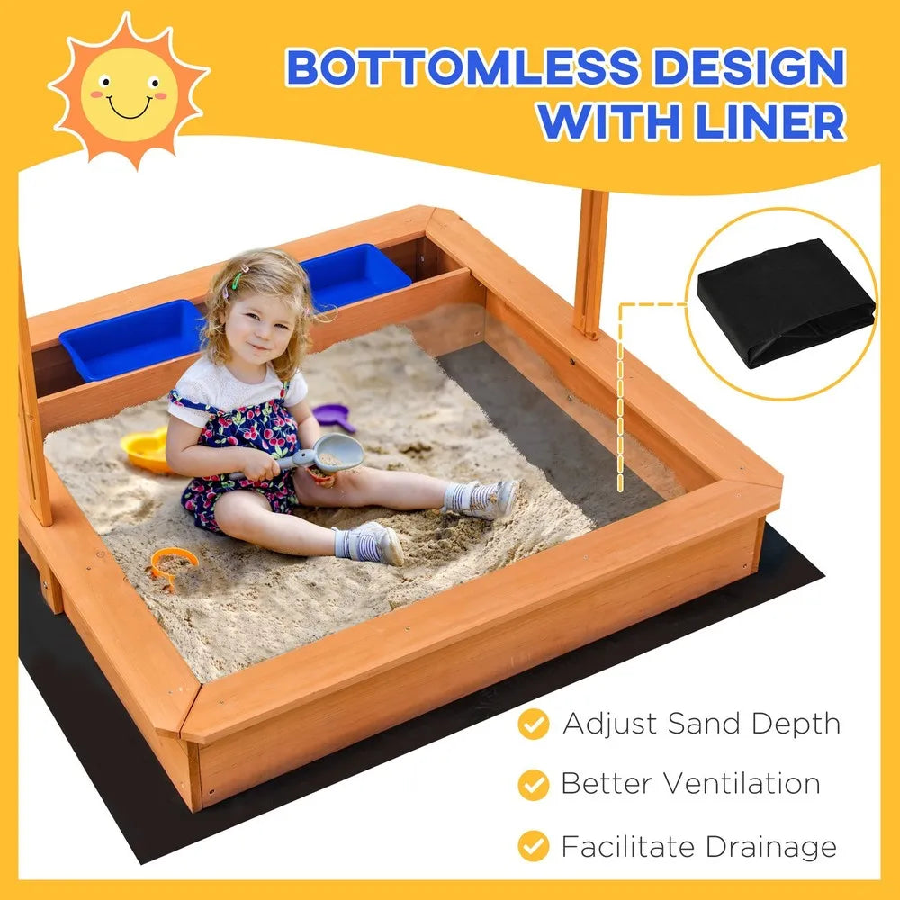 Kids Sandbox With Cover And Adjustable Canopy For Backyard
