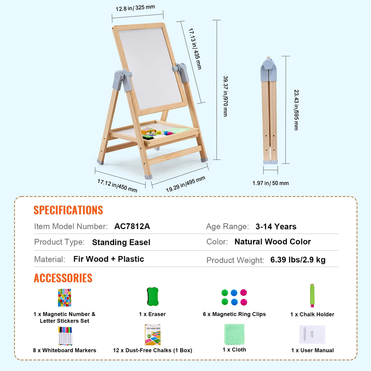 Standing magnetic drawing board easel by S And B Enterprise in natural wood color with painting accessories.