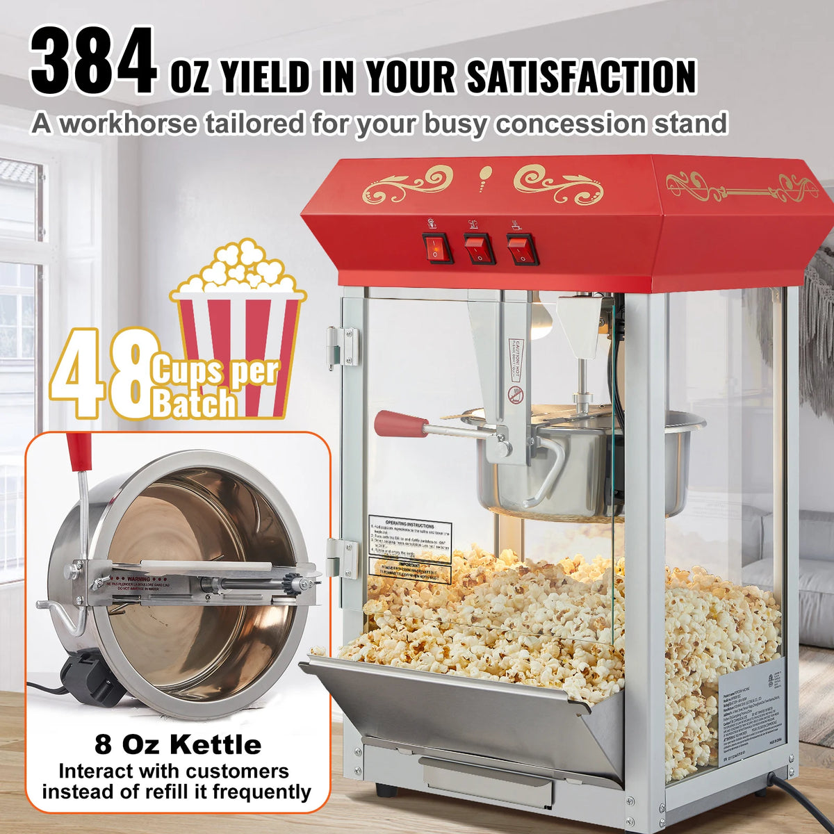 Electric popcorn maker and 8 oz kettle, red commercial popper with metal kettle and popcorn tray