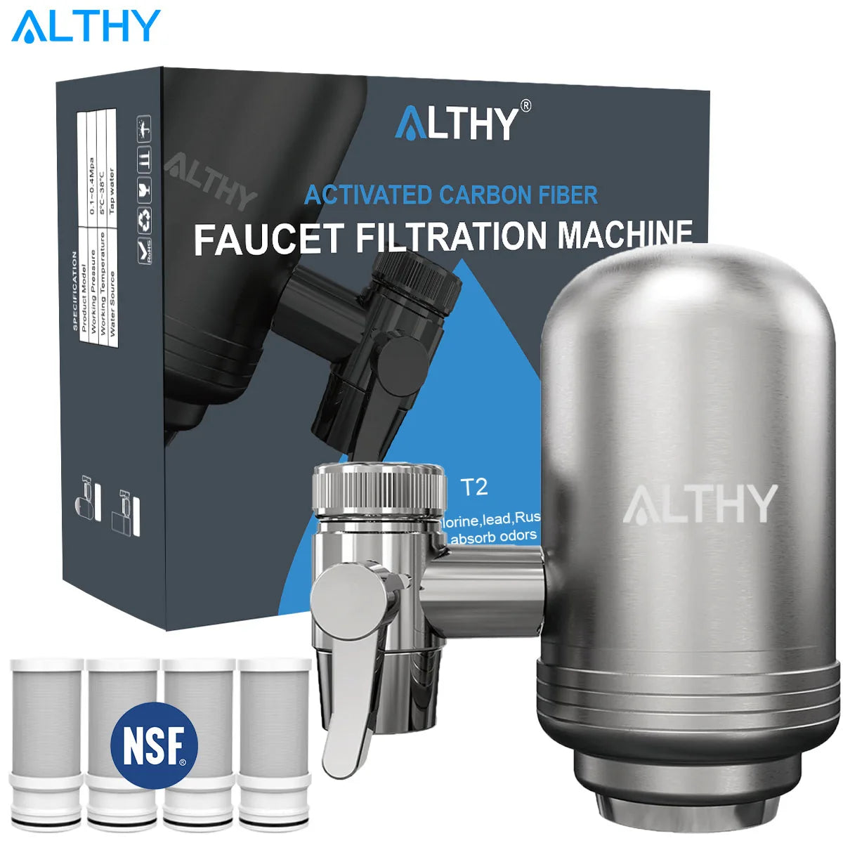 ALTHY stainless steel faucet water filtration system with 5-stage cartridges, NSF certified