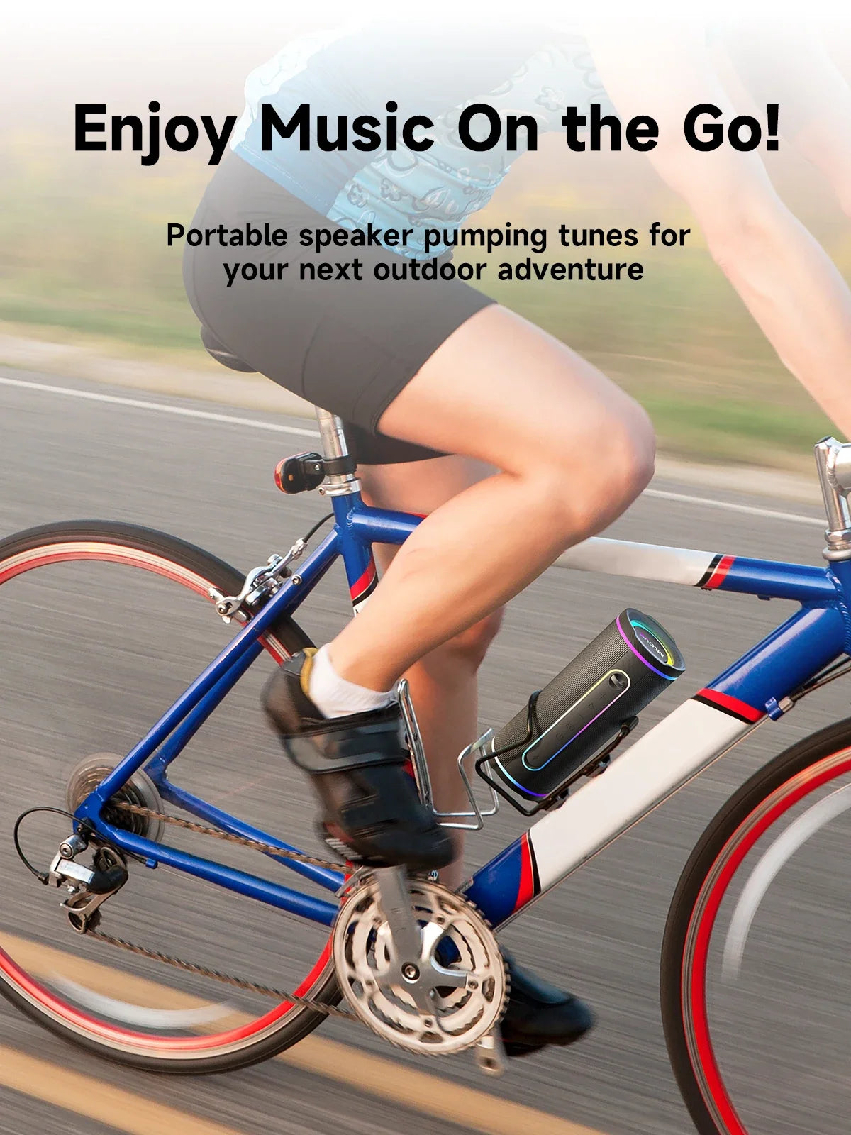 MLOVE E80 portable Bluetooth speaker with RGB lighting mounted on blue road bike frame