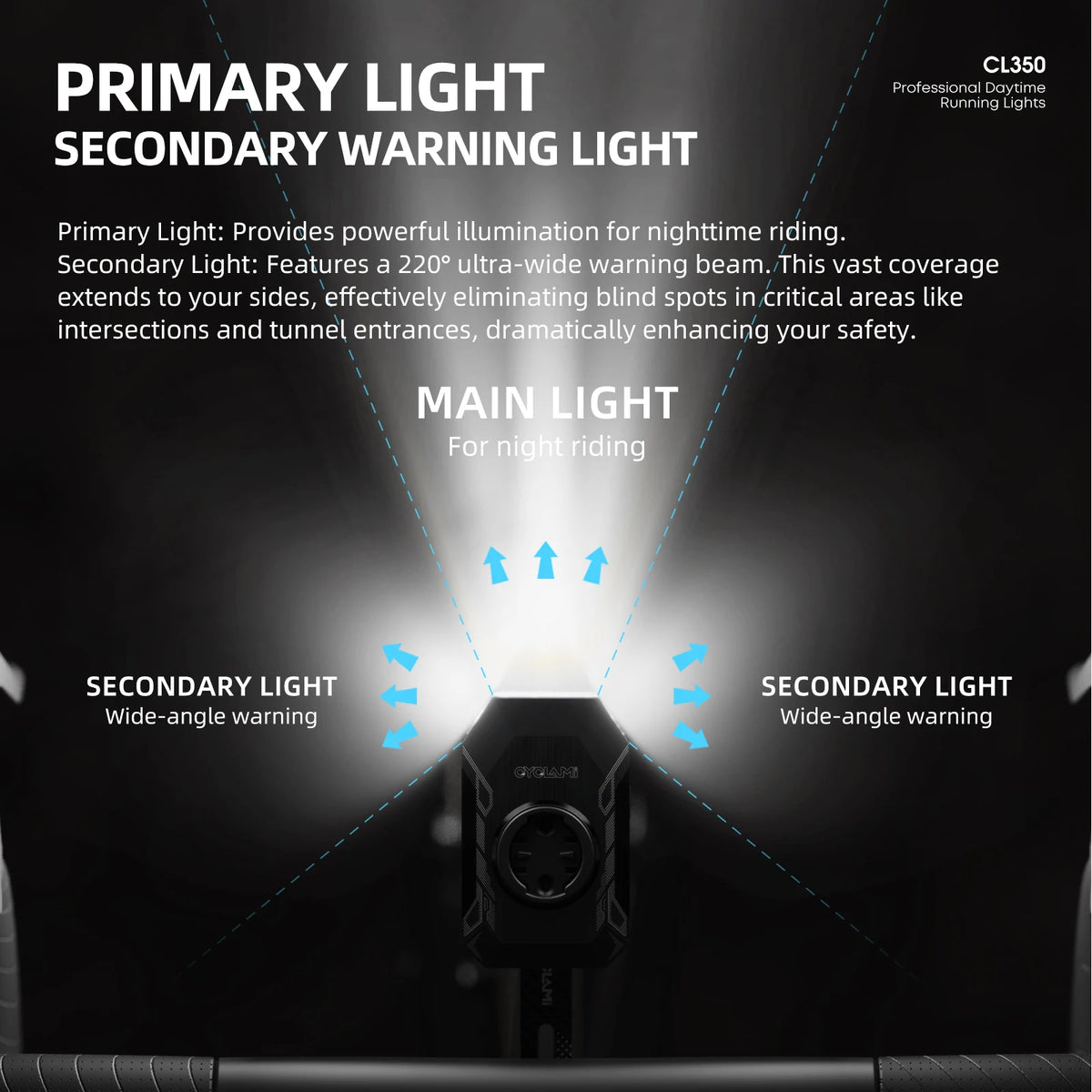CYCLAMI CL350 bike headlight on handlebar, black rechargeable night-riding light with main and secondary light graphics