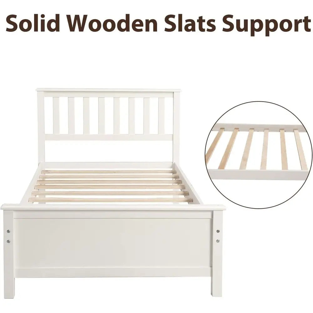 White twin-size wooden platform bed frame with headboard, footboard and slat support.