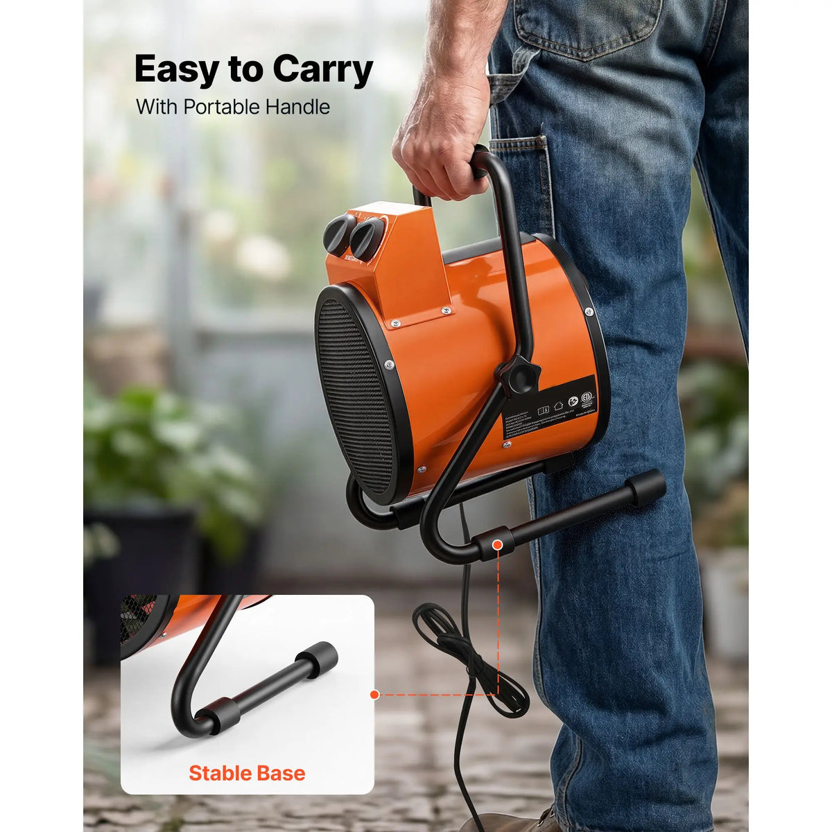 Orange greenhouse heater, 1500W electric space heater with a portable handle and stable base