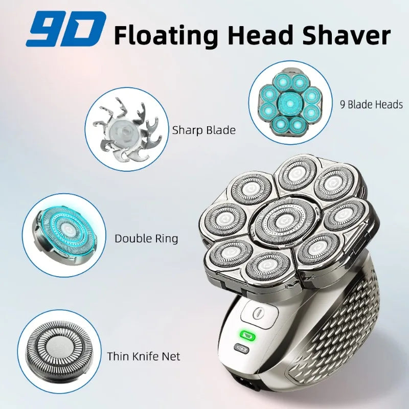 4D head shaver with 9 floating heads, rechargeable waterproof wet-dry electric razor for men, silver