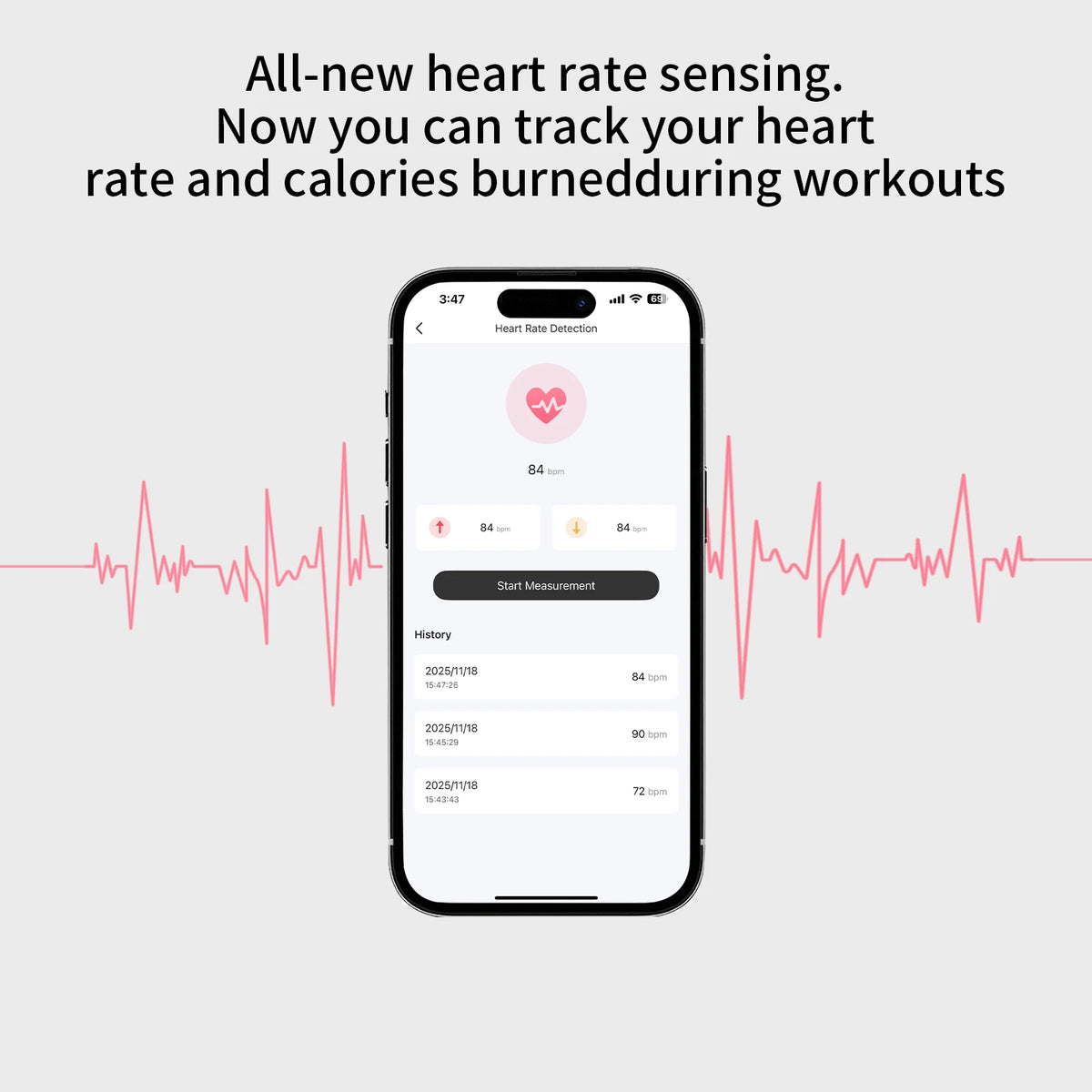 Smartphone displaying heart rate detection app with 84 bpm, history entries, and pink heartbeat waveform