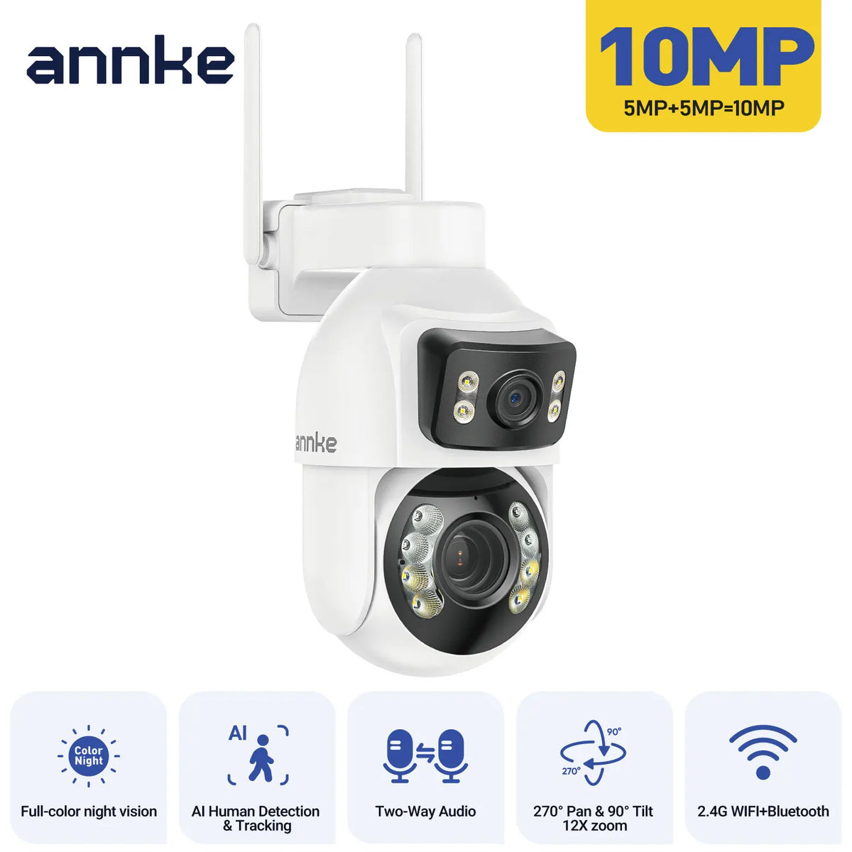 ANNKE WCD1012 10MP Dual-Lens PTZ Security Camera 12X Zoom Wifi Camera AI Human Tracking 1/2/4 PCS 2.4G Wireless Camera Outdoor