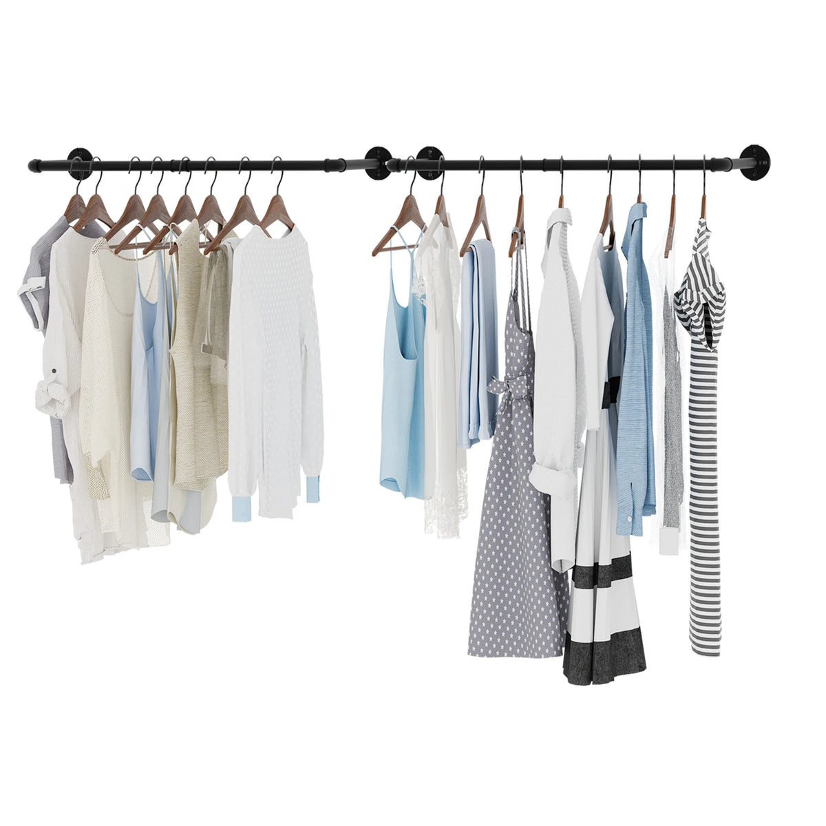 Pack of 2 black industrial pipe clothes rails wall-mounted garment racks with hanging clothes