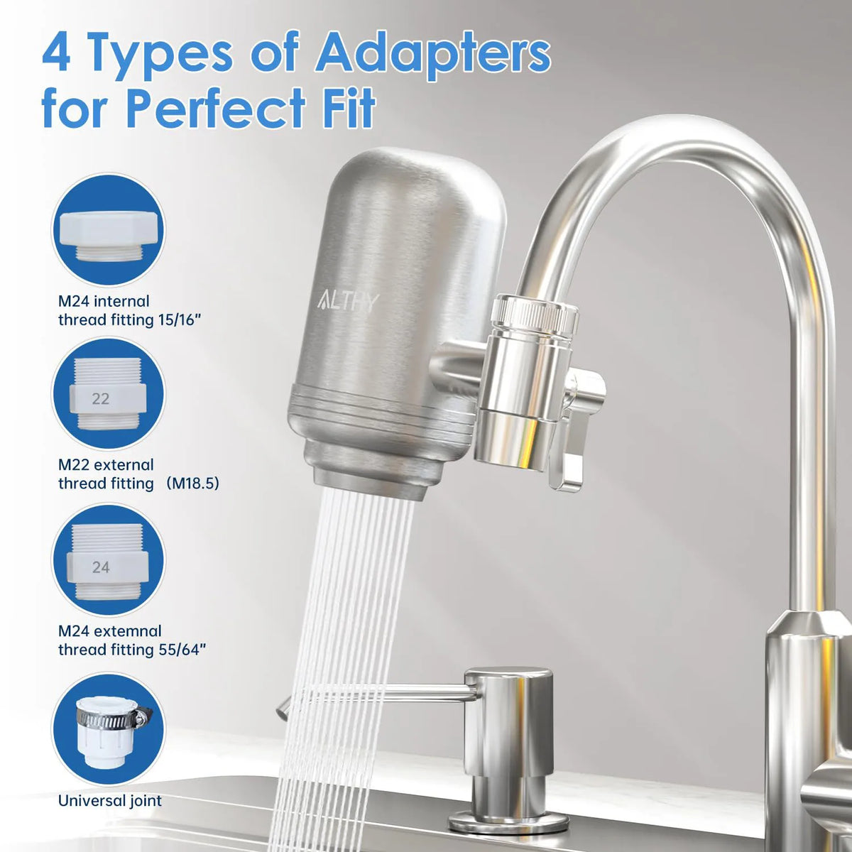 ALTHY stainless steel faucet water filter purifier on kitchen tap with 4 adapter types