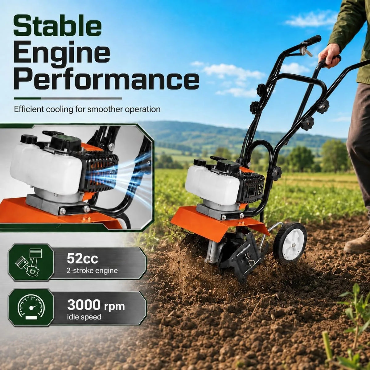 Gas powered tiller cultivator with 52cc two-stroke engine, adjustable steel tines, 11.8-inch working width