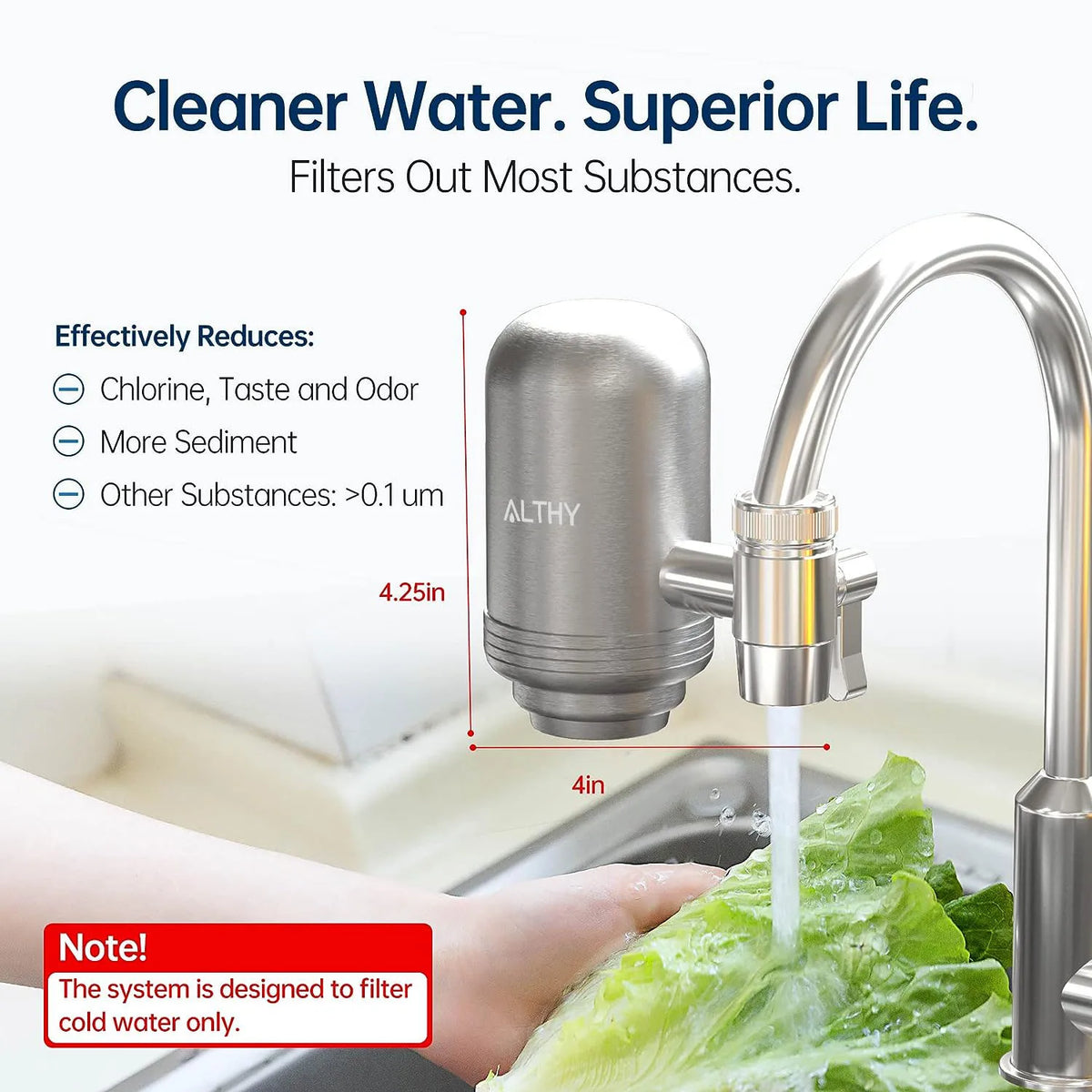 ALTHY stainless steel faucet water filter purifier system on kitchen faucet, NSF certified, reduces lead and chlorine