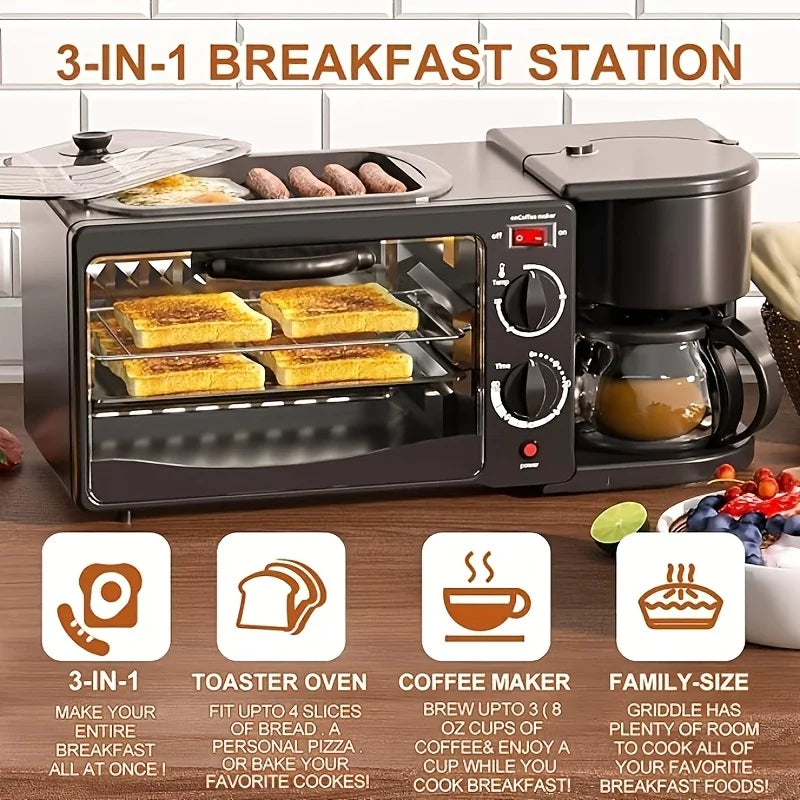 3-in-1 breakfast station by S And B Enterprise with black finish, toaster oven and coffee maker