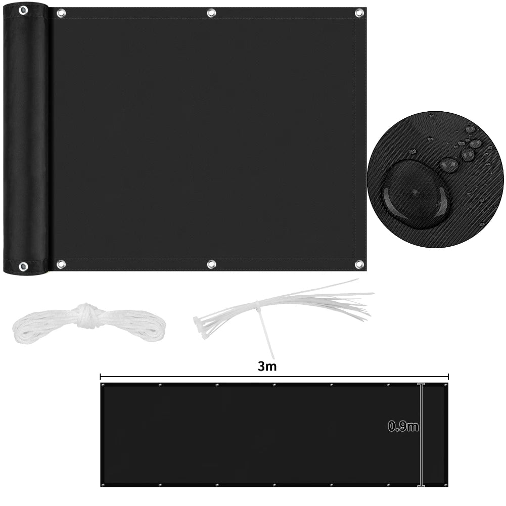 Fence privacy screen panel; heavy-duty windscreen mesh with grommets and UV protection, black; 3m x 0.9m; includes tie cords