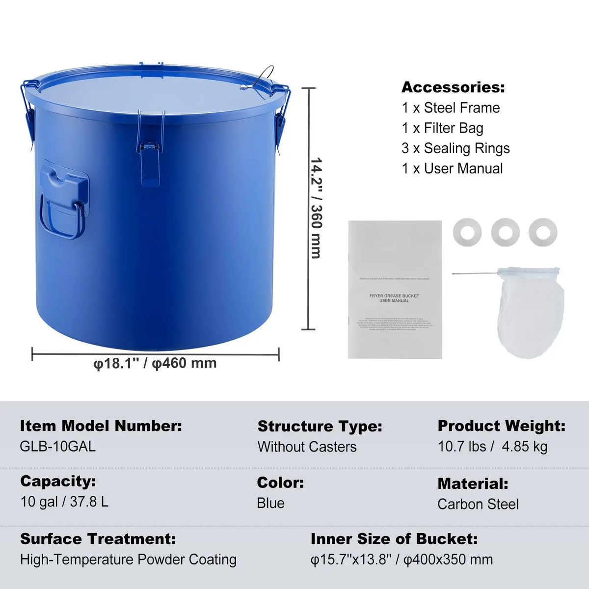 Blue 10 gal fryer grease bucket; carbon steel with rust-proof coating, lid, filter bag, steel frame, manual.