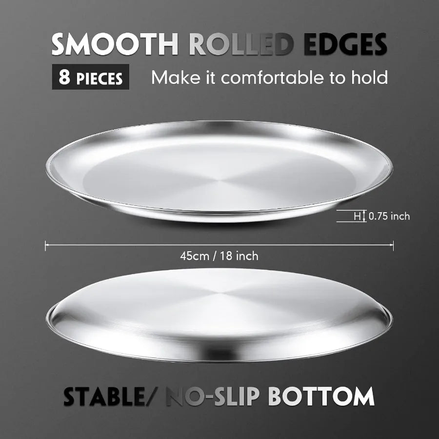 8-piece stainless steel pizza pans set, 18-inch diameter, S And B Enterprise, smooth rolled edges, no-slip bottom.