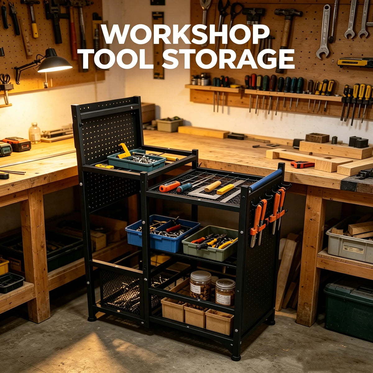 Garden tool storage organizer, heavy-duty black metal freestanding rack with pegboard and storage bins (2 units).