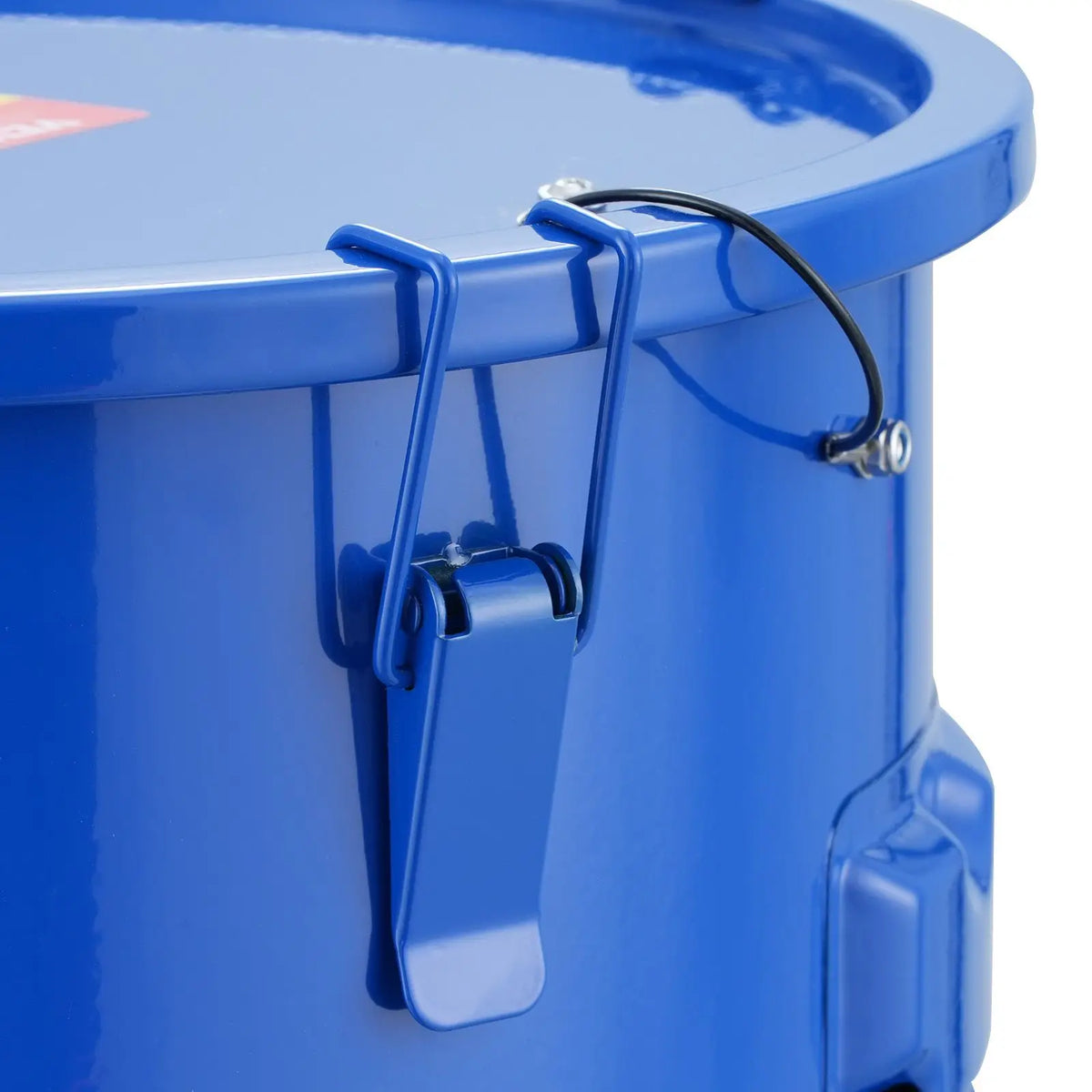 Blue 10-gallon fryer grease bucket by S And B Enterprise with lid and lock clips