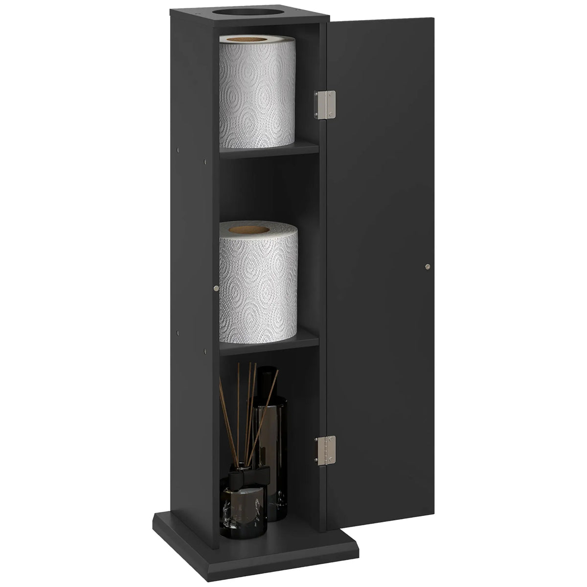 Homcom toilet paper cabinet in black, slim floor-standing bathroom organizer with doors and shelves.