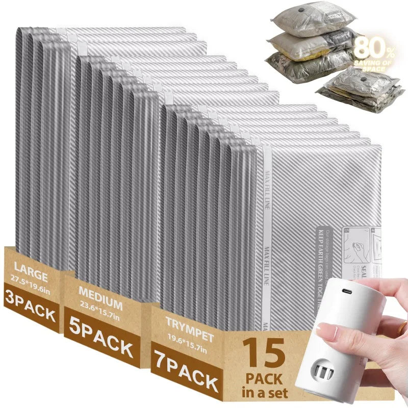 15 Pack Vacuum Bags for Travel with Rechargeable Air Pump, Compression Packing Bags for Luggage, Air Vacuum Bags with Rechargeable Pump, Reusable Space Saver Bags, Airtight Zipper Seal for Clothes Blankets Bedding Quilt, Vacu by S And B Enterprise