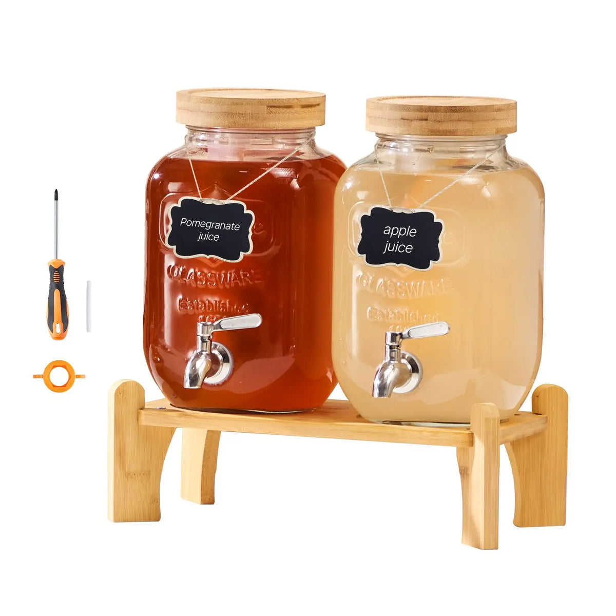 S And B Enterprise beverage dispensers: two glass 1-gallon jars on wood stand with spigots; pomegranate and apple juice