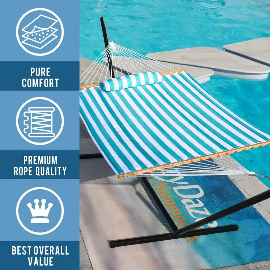Quilted Double Hammock With Detachable Pillow For Outdoor Patio