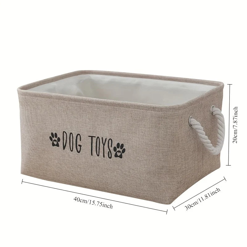 1PC Pet Toy Storage Basket, beige woven polyester with white rope handles for dog and cat supplies