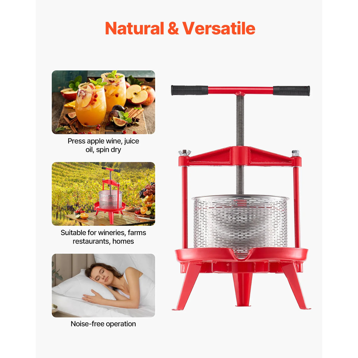 Fruit wine press with stainless steel basket, cross-beam and triangular frame; red manual kitchen juicer
